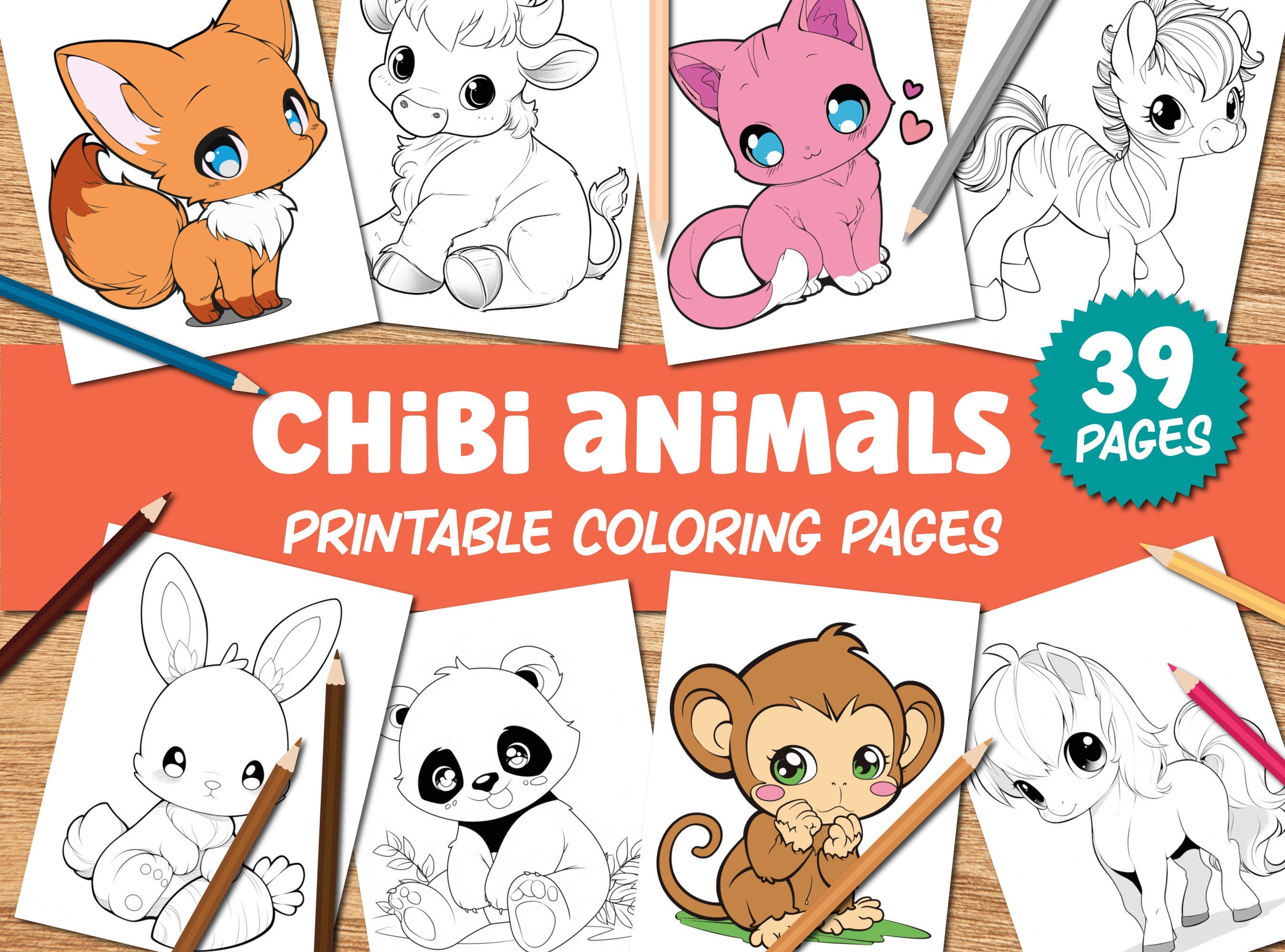 Cute Anime Animals Coloring Book: Printable Kids Coloring Pages, Super ...