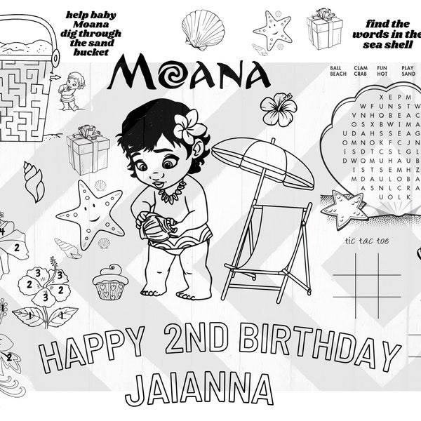 Custom theme inspired baby Moana Activity placemat, coloring sheet, activity, party favors, happy birthday