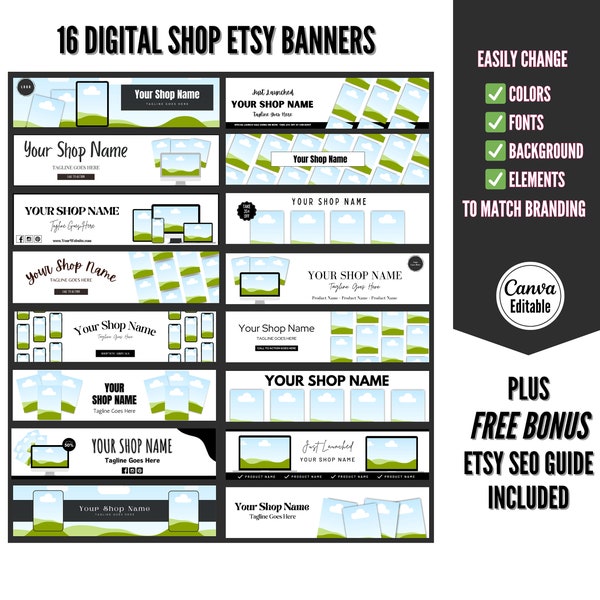 Etsy-Digital-Shop-Banner-Vorlagen-Bundle, anpassbares Branding-Kit, Canva-Vorlagen, Etsy-Shop-Kit