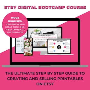 How To Start A Digital Etsy Shop, Complete Beginners Guide To Etsy, Sell Printables Course, Plus 1 Month FREE Group Coaching