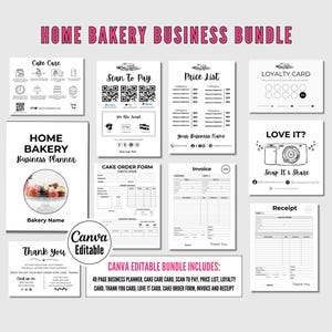 Home Bakery Business Planner Bearbeitbare Canva Vorlage, QR-Code-Zeichen, Rechnungsvorlage, Bestellformular, Kuchenpflegeanleitung, Preisliste