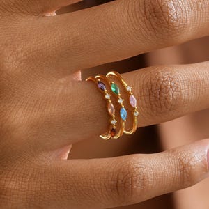 Gold Marquise Birthstone Band / Alternating Marquise & Round Gemstone Ring for Women / Personalized Birthday Gift Rings,marquise ring