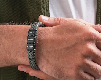 Personalisiertes Leder Dad Armband: Individuelle Name Edelstahl Perlen