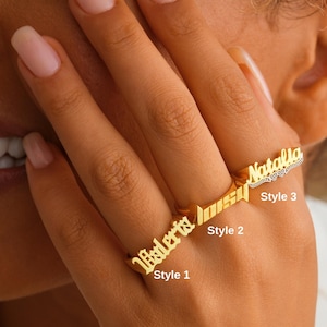 Anillo con nombre personalizado en plata de ley, joyería personalizada en 3D, delicado anillo de oro con nombre, regalo para ella, mamá, novia, anillos chapados en rodio.