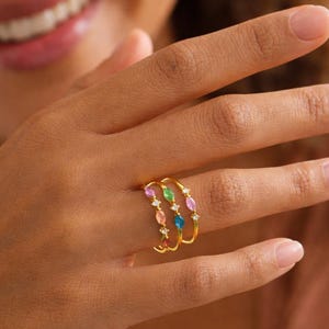 Gold Marquise Birthstone Band / Alternating Marquise & Round Gemstone Ring for Women / Personalized Birthday Gift Rings,marquise ring