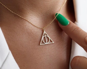 Gold Hallows Deathly , Triangle Necklace , Withcraft Necklace , Wizard Necklace , Pottery Necklace Gifts