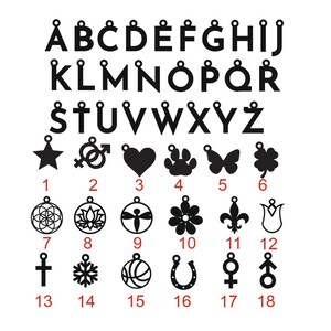 May include: Black and white alphabet letter charms with a variety of symbols and icons. The charms are arranged in three rows with numbers 1 through 18 below each charm.