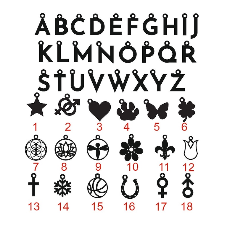 May include: Black and white alphabet letter charms with a variety of symbols and icons. The charms are arranged in three rows with numbers 1 through 18 below each charm.