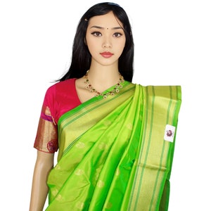 Elegant Semi Paithani Parrot Green Silk Saree with Traditional Zari Border & Matching Blouse Piece(Unstitched)-Perfect for Special Occasions