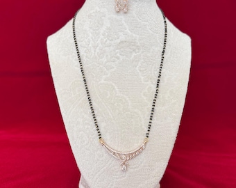 Rosegold AD Mangalsutra mit Ohrringen | Eleganter Diamanten Look Mangalsutra | Minimalistische tägliche Tragen Mangalsutra | Modernes indisches Mangalsutra |