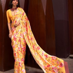 Saffron Mango Digital Floral Printed Satin Crepe Saree, Party Wear Saree