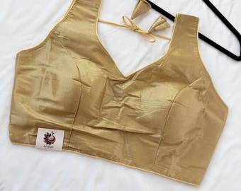 Blusa de sari de seda dorada, blusa dorada lista para usar, blusa con cuello en V acolchado, blusa de sari india, blusa de boda festiva, crop top