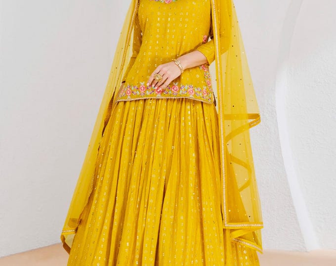 Mustard Floral Printed Silk Lehenga Set & Embellished Neckline