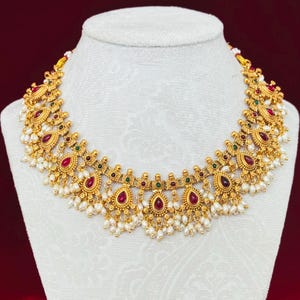 Antique Gold Choker Necklace Set with Ruby Green Stones & Pearl Drops | Temple Jewelry Bridal Choker | South Indian Wedding Necklace