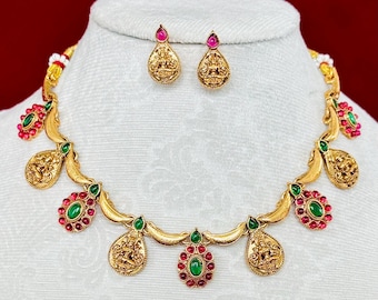 Antique Gold Lakshmi Necklace Set with Red & Green Stones, Temple Jewelry Set, South Indian Bridal Necklace, Traditional Indian Wedding Jewe
