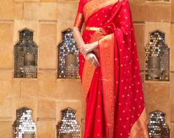 Luxurious Handwoven Red Kanjivaram Silk Saree With Gold Zari Detailing-Perfect For Festive Wear