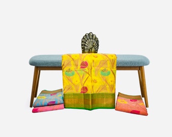 Yellow Color Floral Linen Cotton saree