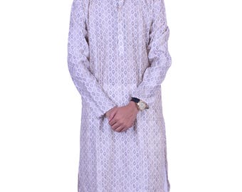 Herren Beige Gedruckt Kurta Pyjama Set | Indisches Hochzeits-Outfit