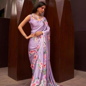 Lavender Digital Floral Printed Satin Crepe Saree, Party Wear Saree