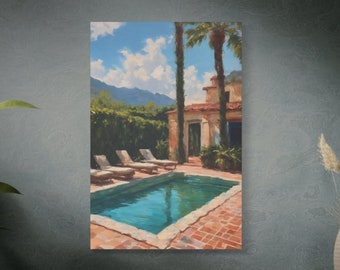 32"x48" Private Pool in Italian Splendor | Printed & Shipped | Antique Old Money Elegance | Matte Stretched Canvas Art | Physical Poster