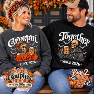 Couples Halloween Sweatshirts, Custom His & Hers Skeleton Pullover, Funny Matching Couple Sweatshirt, Creepin Together Halloween Gift