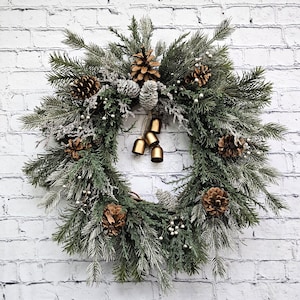 Rustic Winter Greenery Wreath with Pinecones and Bells – Winter Door Décor, Housewarming Gift Idea, Frosted Pine Wreath, Handmade Wreath