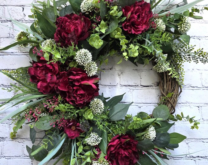 Burgundy Peony Front Door Wreath, Elegant Silk Flower Wreath, Grapevine Greenery Wreath, Housewarming Gift, Farmhouse Decor