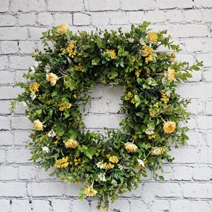 Spring Yellow and Greenery Wreath – Handmade Floral Door Decor with Wildflowers and Eucalyptus