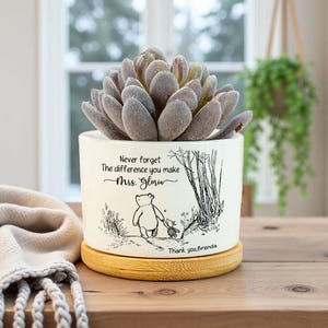 May include: A white ceramic plant pot with a succulent. The pot has a Winnie the Pooh illustration and the text "Never forget the difference you make Mrs. Gloria." Includes a bamboo saucer.