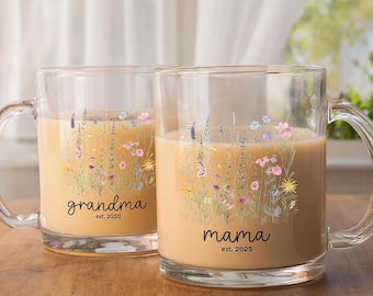 Personalised Mamas Mug with Wild Flowers,Custom Glass Mug for Grandma,Birthday Gifts,Mothers Day Gift,Mums Gifts from Kids, Gifts for Mother
