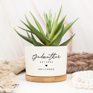 Può includere: Un vaso di ceramica bianco con una pianta succulenta. Il vaso presenta la scritta "Godmother", l'anno "EST 2025" e il nome "EMILY ROSE". Poggia su una base rotonda in legno.
