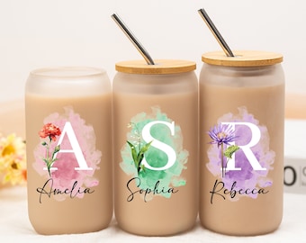 Vaso de flor de nacimiento personalizado con nombre, vaso floral con tapa y pajita, taza de café helado, vaso de cerveza, regalo para amantes del café, regalo para mamá.