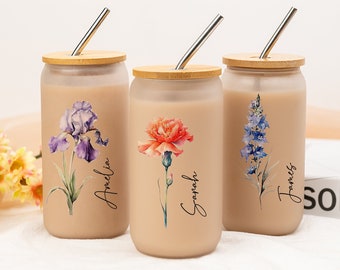 Vaso personalizado con diseño de flor de nacimiento, taza de café con tapa y pajita, ideal como regalo de propuesta de dama de honor, recuerdo de cumpleaños o regalo de Navidad.