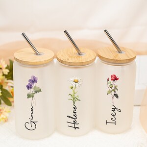 Birth Flower Glass Coffee Cup,Personalized Birth Flower Tumbler With Name,Mothers Day Gifts for Her,Birthday Bridesmaid Proposal Party Favor
