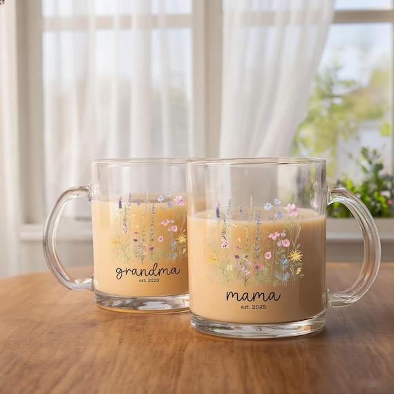 Personalised Mamas Mug with Wild Flowers,Custom Glass Mug for Grandma,Birthday Gifts,Mothers Day Gift,Mums Gifts from Kids, Gifts for Mother