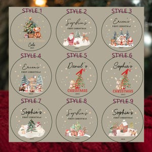 May include: A collection of nine circular ornaments featuring Christmas-themed illustrations. Each design includes festive elements like teddy bears, Santa Claus, reindeer, and Christmas trees, with personalized text such as names and the year 2025.