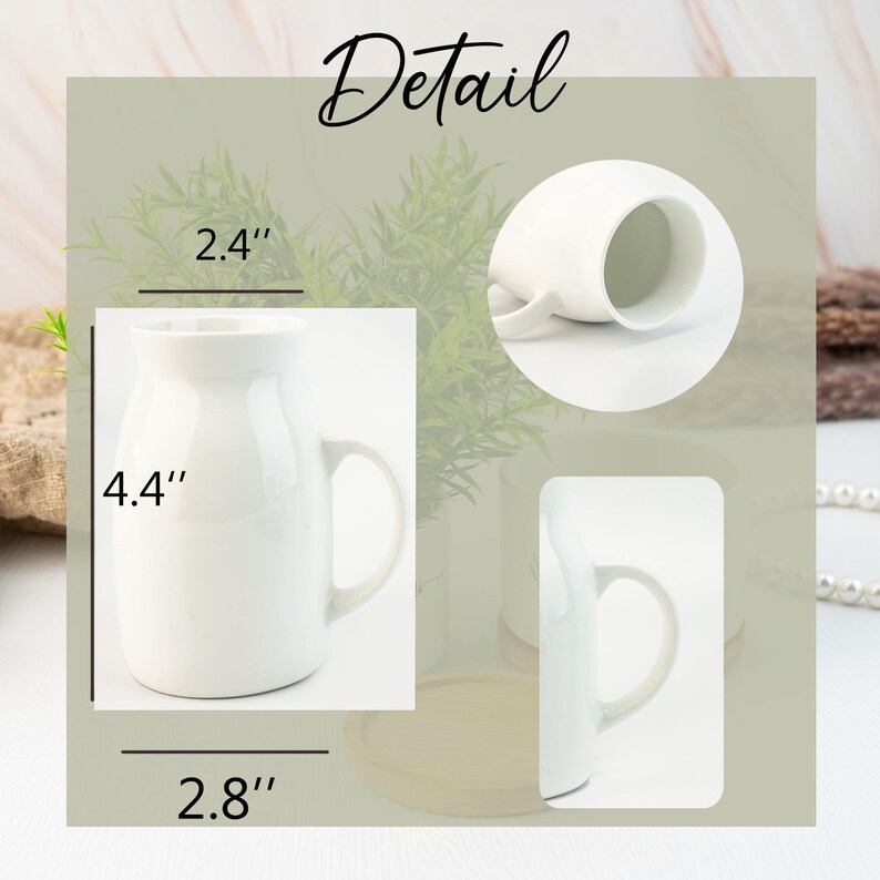 May include: White ceramic mug with a rounded body and a handle. The mug is 4.4 inches tall, 2.8 inches wide, and 2.4 inches in diameter.