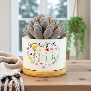Cache-pot personnalisé pour grand-mère, cache-pot pour maman avec fleur de naissance, cadeau nom de famille, cadeau d'anniversaire, cadeau pour maman/grand-mère/nounou, cadeau fête des mères