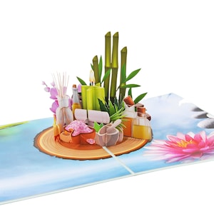 3D Pop Up Karte mit einem harmonischem Wellnessmotiv, ideal auch für Gutschein oder Geldgeschenk. NEU: Wachs Siegel selbstklebend gratis.