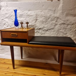 MidCentury Danish Teak Telephone Table w drawer and Vinyl Seat Adjustable Modular Bench 1960s Stunning scandi functionalist hallway  seating