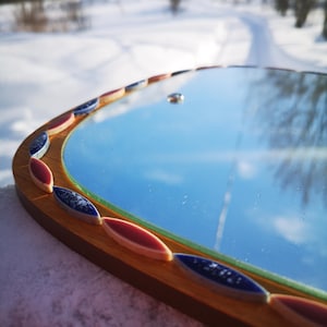 Midcentury Scandinavian 1950s asymmetrical wall mirror. Danish MCM teak mirror. Kidney mirror with mosaik decor. Unique and stunning