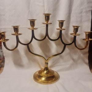 Art nouveau 7 branch temple menorah, jugendstil vintage brass candlestick holder. vintage 7 candle scandinavian candleholder. Junghans brass