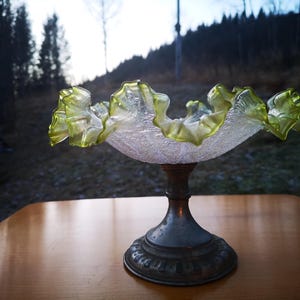 Antique Victorian/Art Nouveau Glass Bridal Compote Basket, Bohemian Style, Metal Base. Stunning centerpiece ruffled bowl,  wedding decor.
