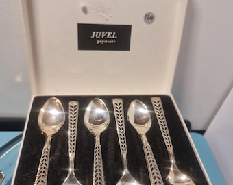 Nueve cucharillas Juvel Prydsølv 830S, caja original, plata ornamental noruega de mediados de siglo, cubertería escandinava coleccionable de los años 60, mango calado