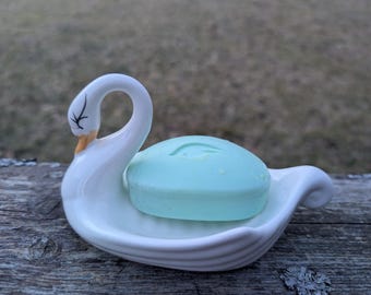 Vintage Swan Soap Dish, Iridescent Ceramic Bathroom Decor, Romantic Swan Trinket Dish. Vintage kitch maximalistic bathroom decor.