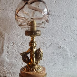Vintage Cherub Table Lamp, Art Nouveau style or regency cast brass angel sculpture, Mid-Century Marble Base, Elegant Putto on fish Lighting