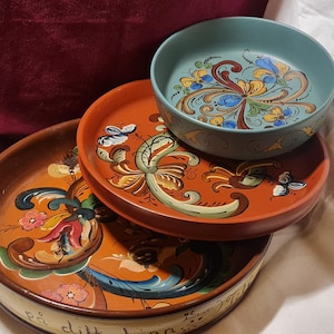Trio of Rose Painted Norwegian FOLK art items. Vintage Scandinavian hand painted folk art value pack. Two plates and a candle holder.