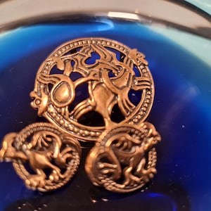 Bronze Viking Brooch & Earrings Set. Sigmund Espeland Norway. Snorre series museum-quality replica, animal motif brooch. Norse mythology
