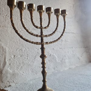 Retro scandinavian brass 7 branch menorah, vintage ornate brass candlestick holder. vintage 7 candle Scandinavian candle holder.