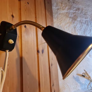 Vintage Danish Modern Wall Lamp with Adjustable Brass Arm. Scandinavian modern night lamp, 1950s retro industrial functionalist lightning